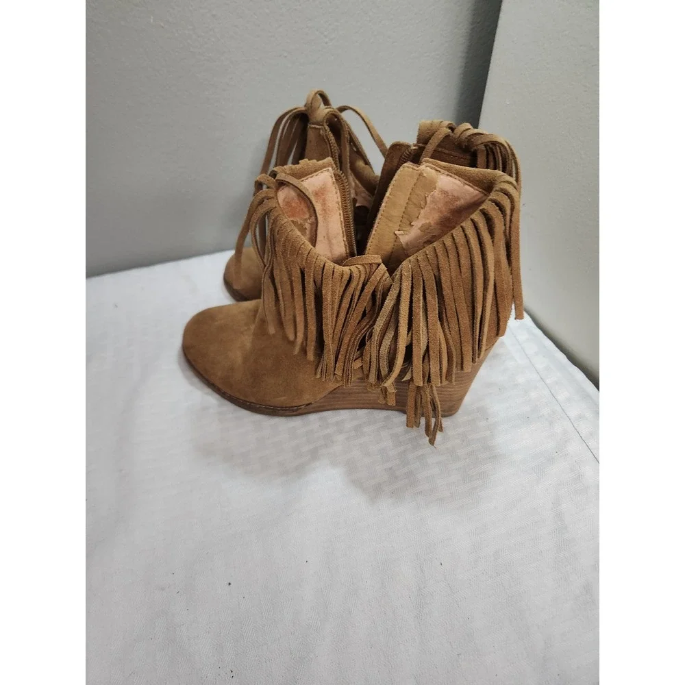 Lucky Brand Tan Suede Fringe Wedge Ankle Boots Brown Western Booties 8M